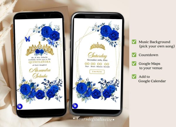 Geometric Royal Blue And Gold Mexican Princess Quinceañera Invitation
