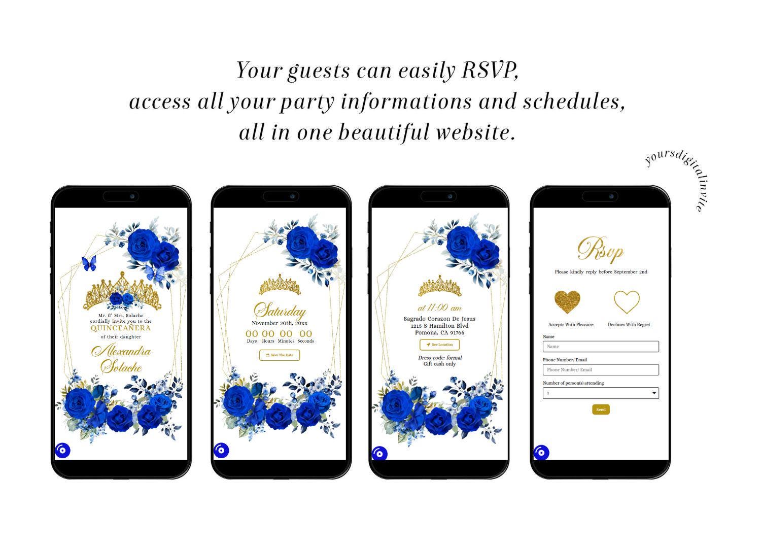 Geometric Royal Blue And Gold Mexican Princess Quinceañera Invitation