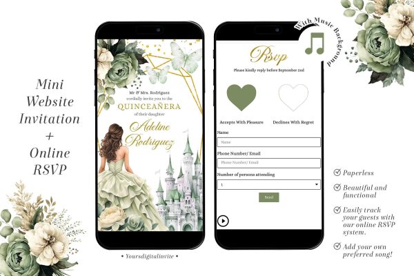 Fairytale Castle Sage Green Floral Mexican Princess Quinceañera Invitation