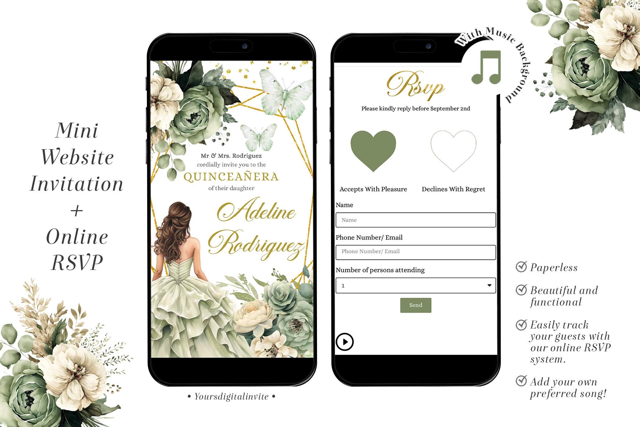 A6 Sage Green Floral Mexican Princess Quinceañera Invitation