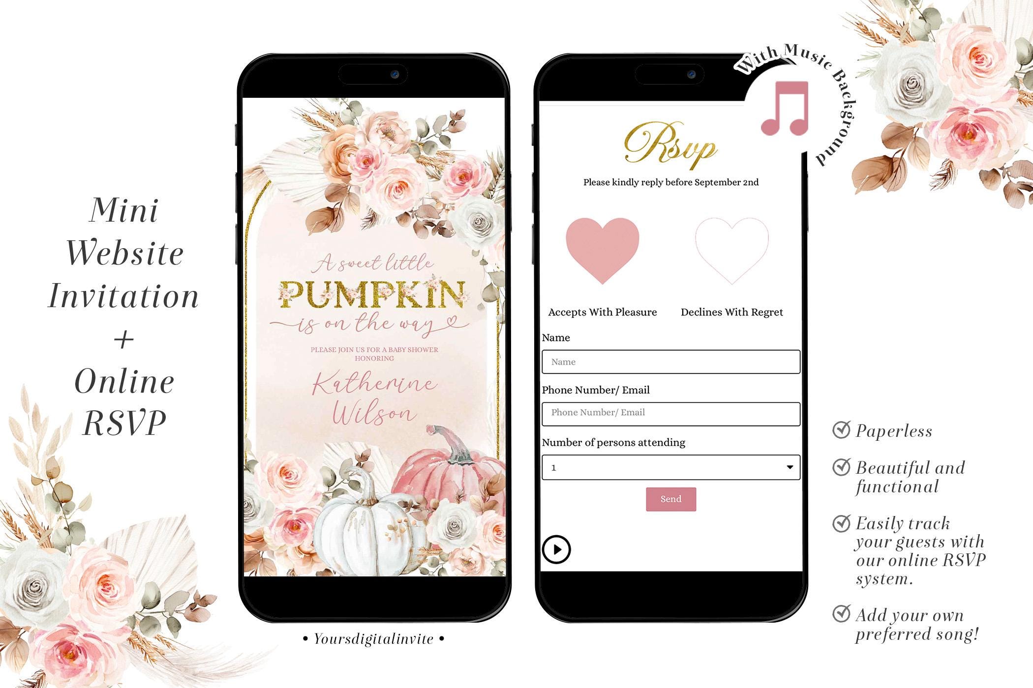 1 C54 PINK Boho Pink Pumpkin Baby Shower website Invitation