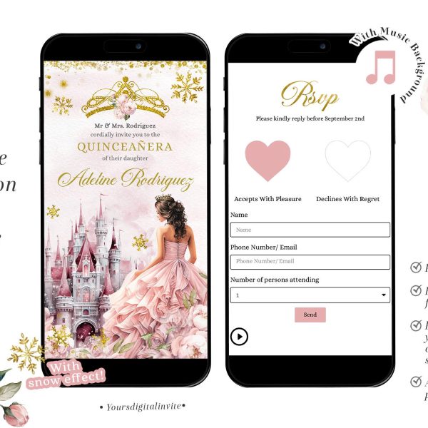 QW2 Winter Snowflakes Pink Royal Palace Quinceañera Invitation