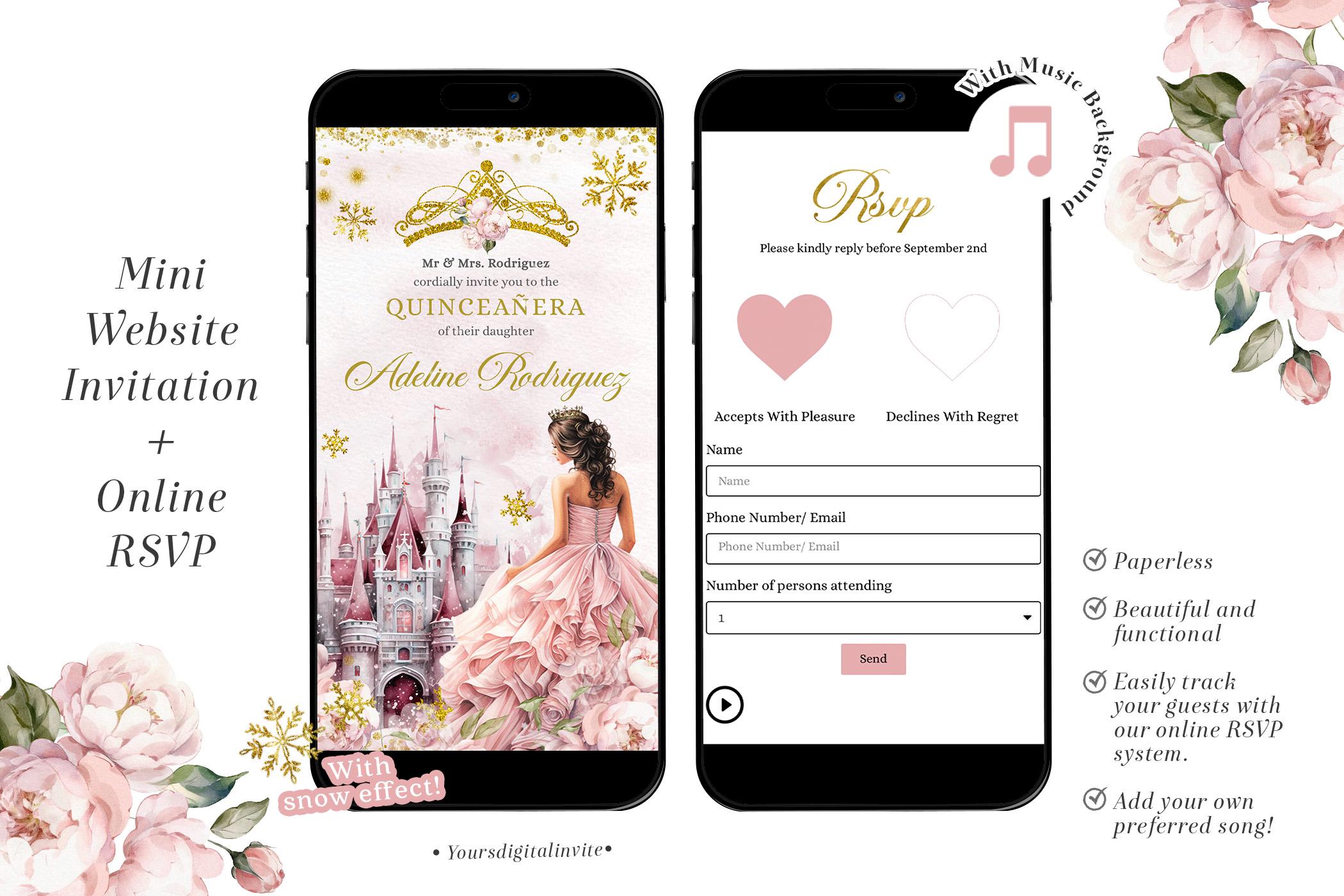 QW2 Winter Snowflakes Pink Royal Palace Quinceañera Invitation