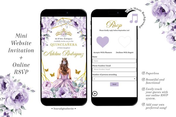 WA6 Elegant Gold Purple Mexican Princess Quinceañera Invitation