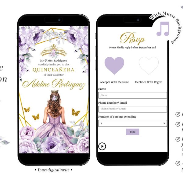 WA6 Elegant Gold Purple Mexican Princess Quinceañera Invitation