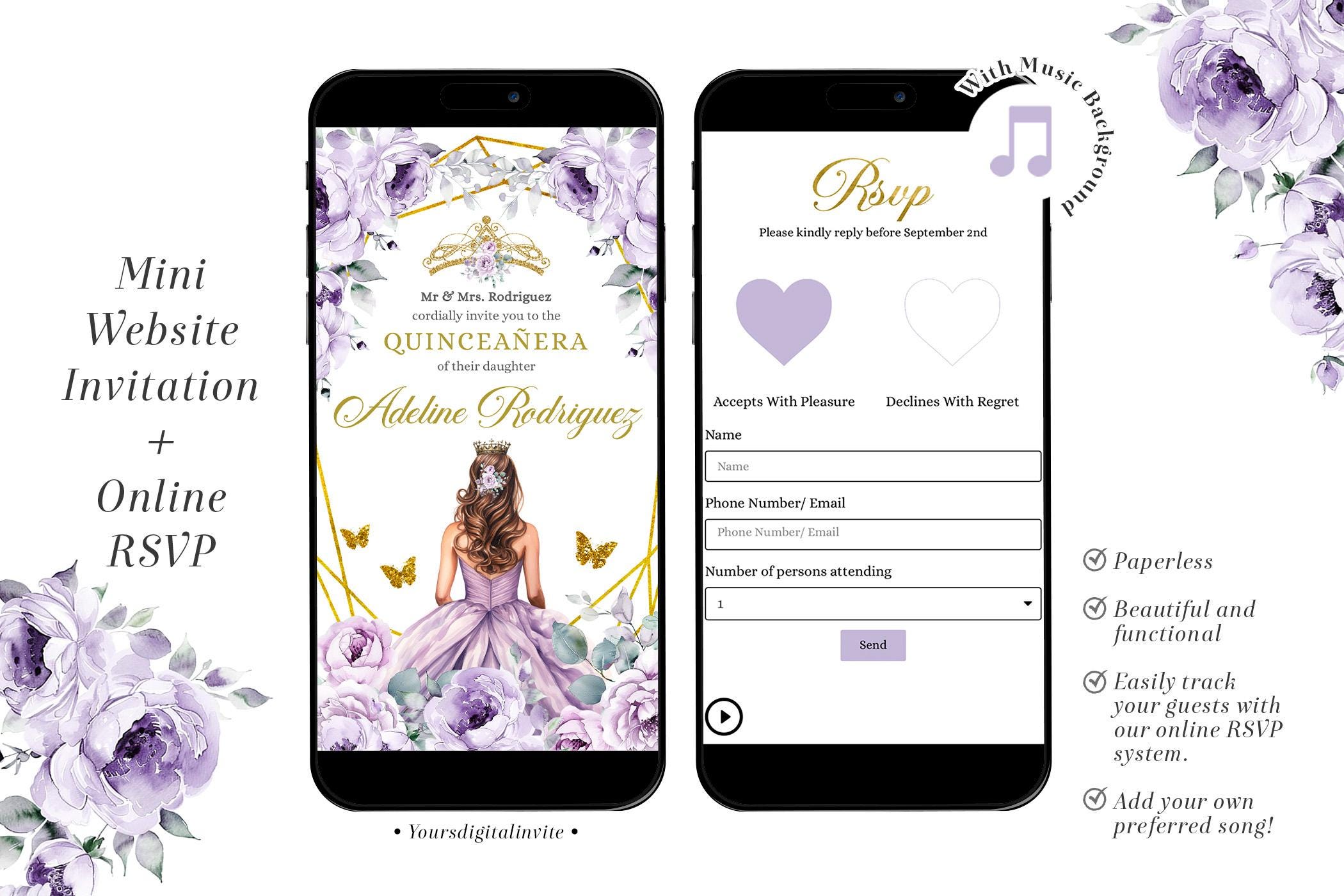 1 W6 PURPLE WA6 Elegant Gold Purple Mexican Princess Quinceañera Invitation