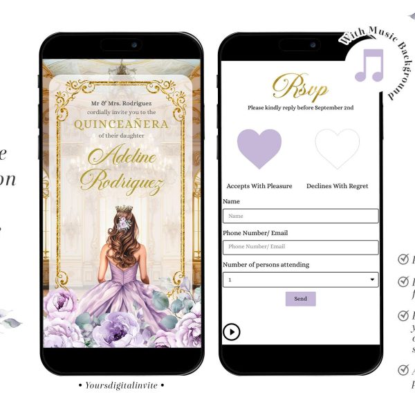 Elegant Gold Purple Mexican Princess Royal Ballroom Quinceañera Invitation