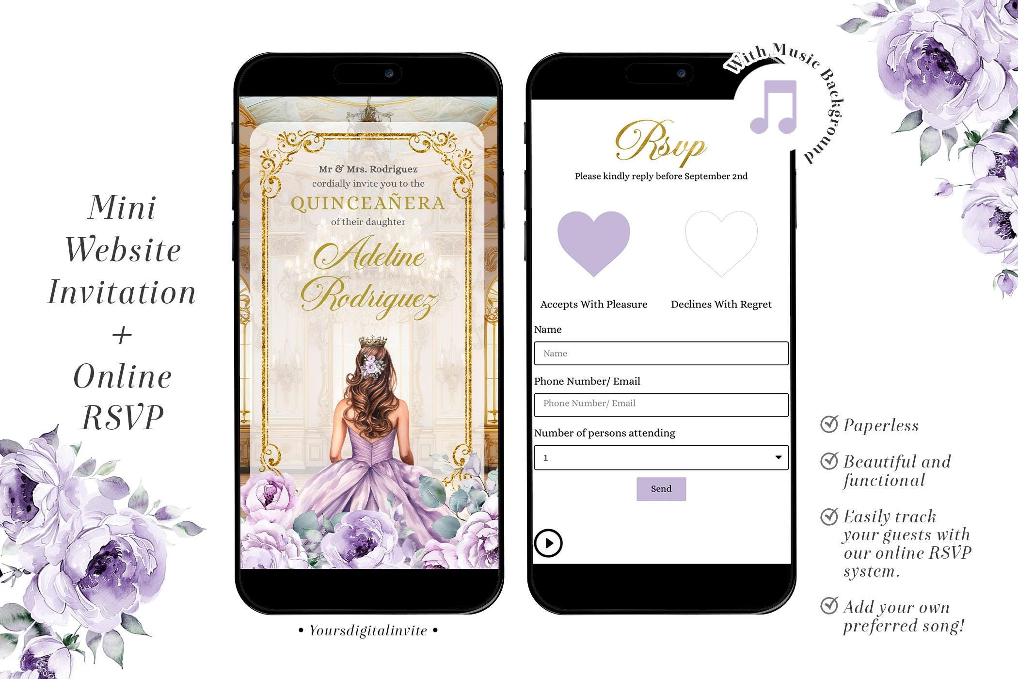 1 WA6 PURPLES Elegant Gold Purple Mexican Princess Royal Ballroom Quinceañera Invitation