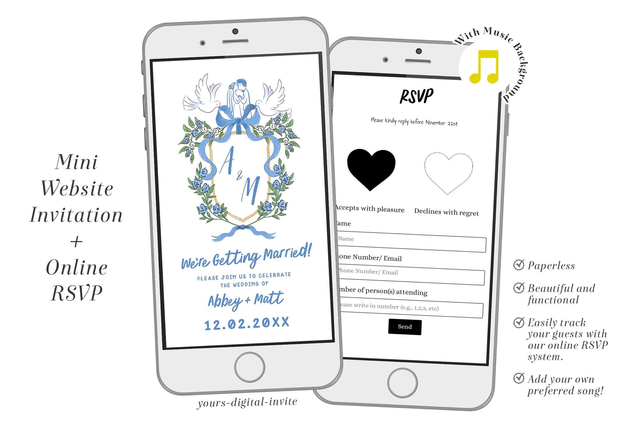 A1 Dusty Blue Vintage Wedding Floral Crest Website Invitation