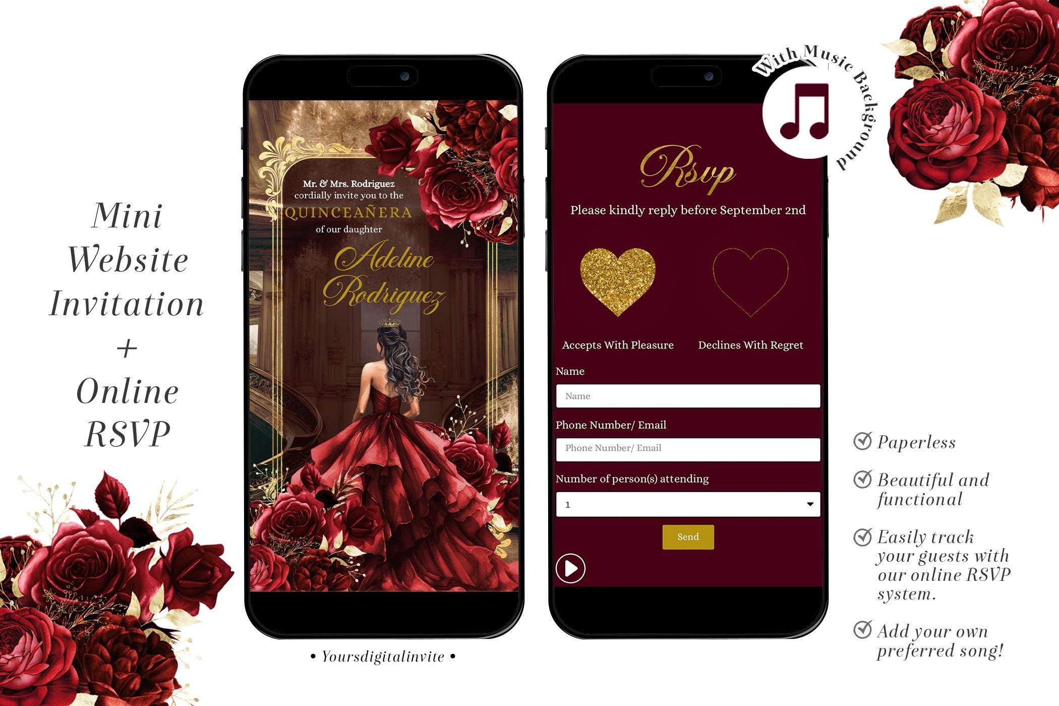 A10 Elegant Royal Palace Red Burgundy Red Floral Quinceañera Invitation