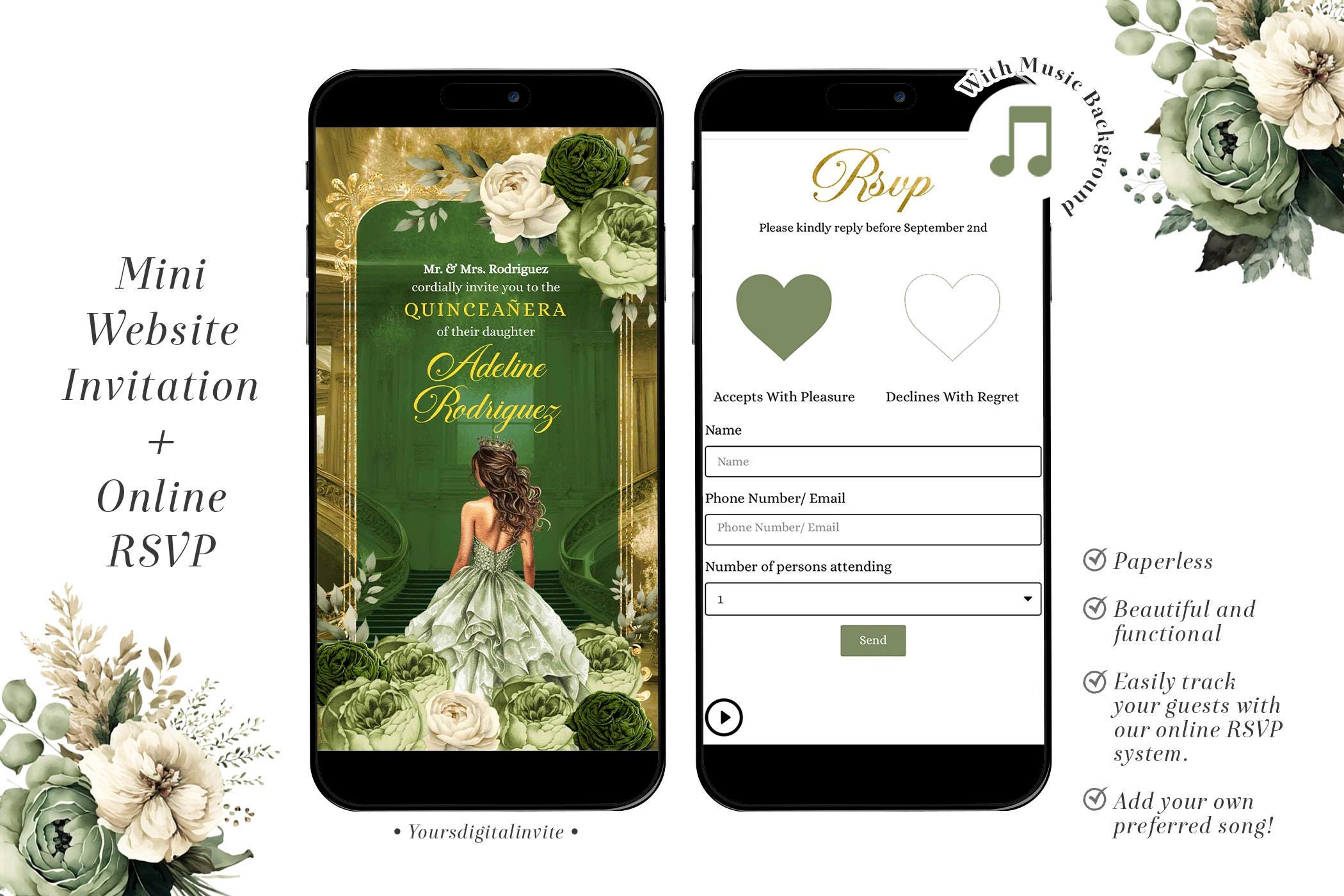 1 a10 sage Royal Grand Palace Sage Green Floral Mis Quince Invitation