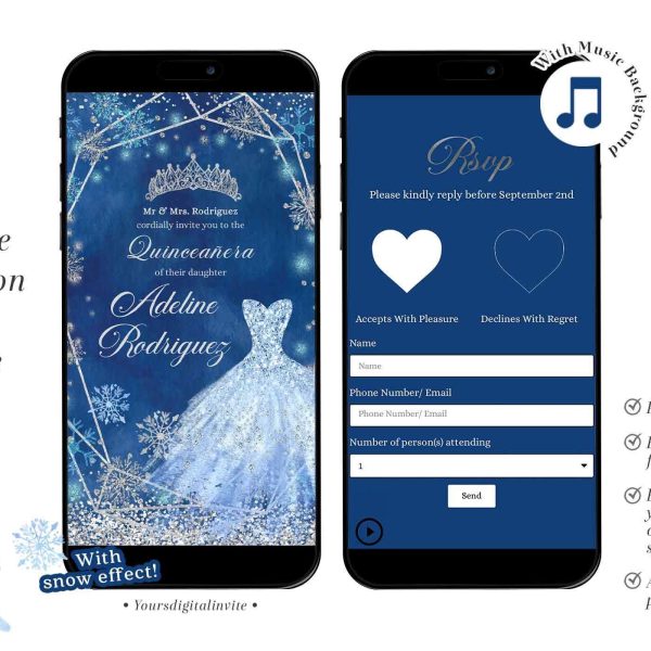 QW1 Navy Blue and Silver Winter Quinceañera Invitation