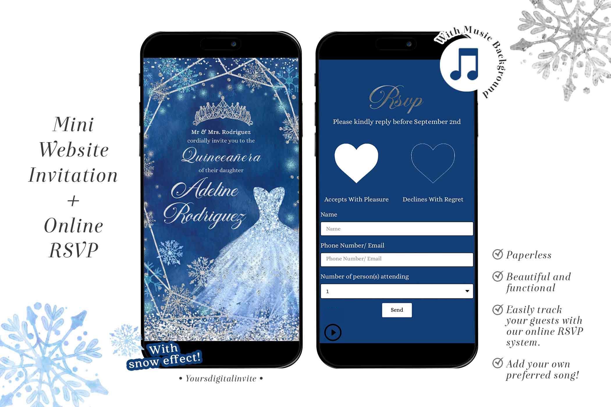 QW1 Navy Blue and Silver Winter Quinceañera Invitation