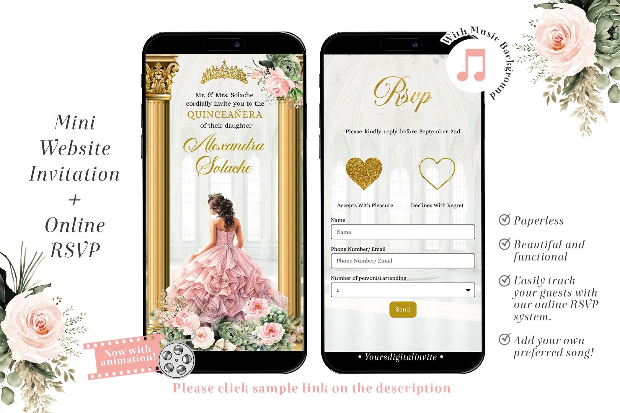 Pink Sage Floral Ballroom Quinceañera Invitation