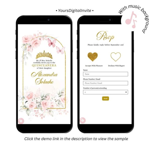 A17 Butterfly Rose Gold Pink Quinceanera Princess Invitation