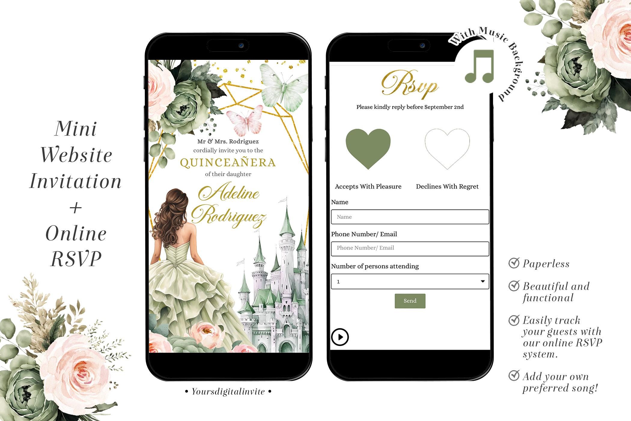 A6 Fairytale Castle Blush Pink Sage Green Floral Mexican Princess Quinceañera Invitation