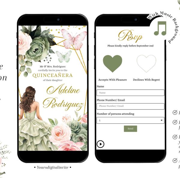 A6 Blush Pink Sage Green Floral Mexican Princess Quinceañera Invitation