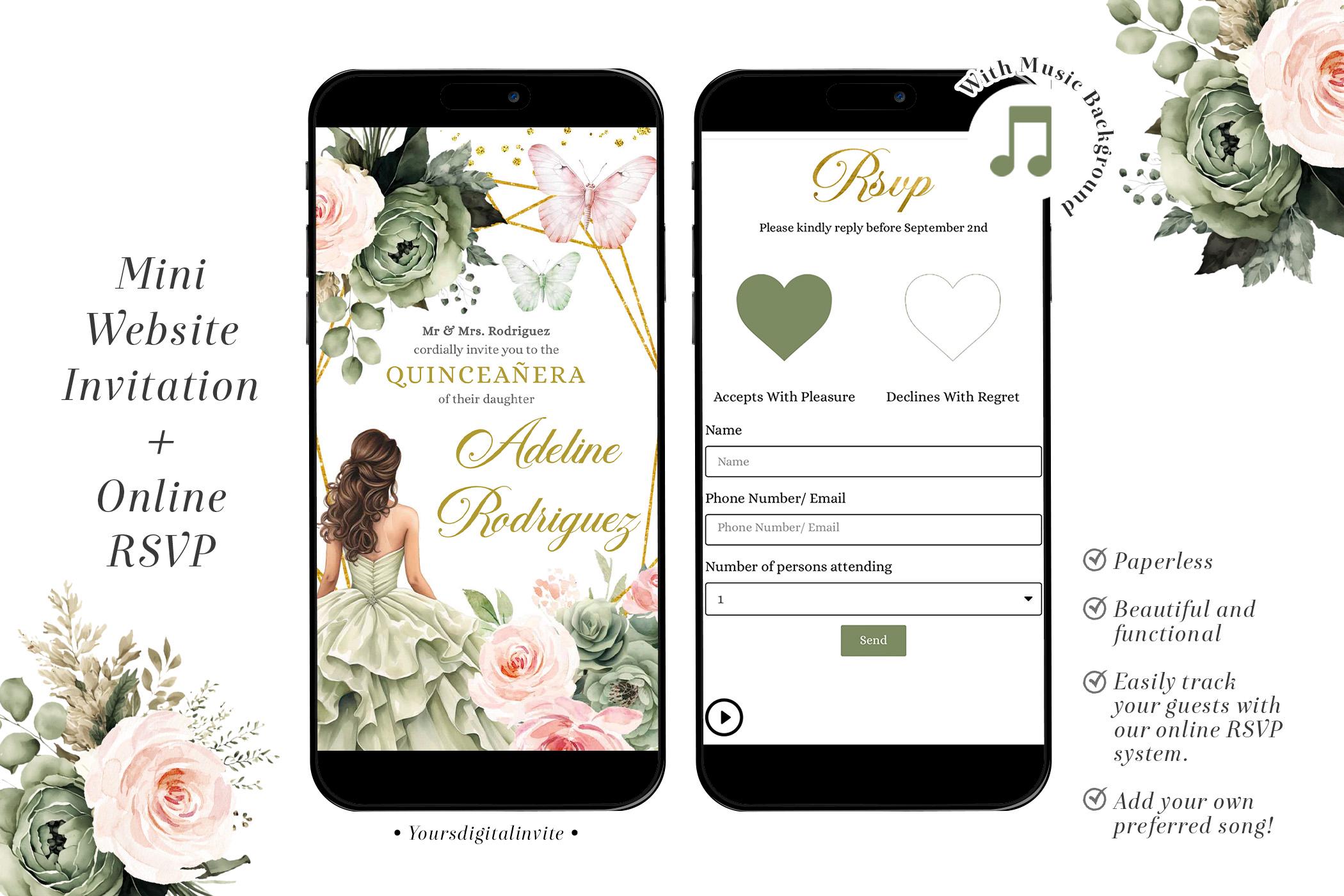 A6 Blush Pink Sage Green Floral Mexican Princess Quinceañera Invitation