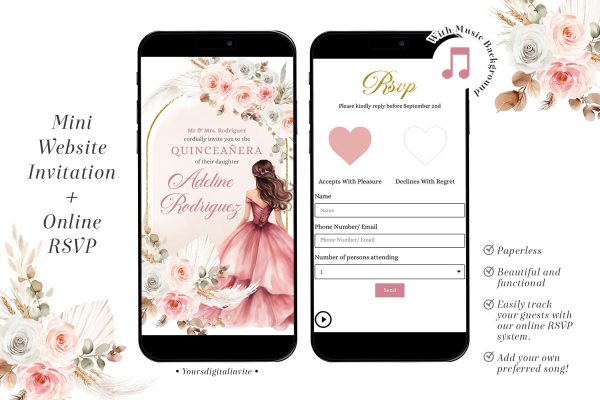 A6 Boho Blush Pink Mexican Princess Quinceañera Website Invitation