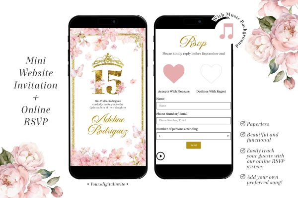Pink Cherry Blossom Princess Quinceañera Invitation
