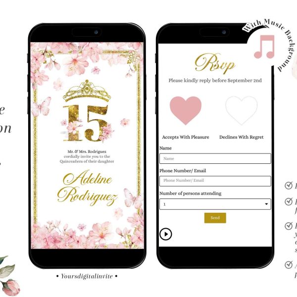 Pink Cherry Blossom Princess Quinceañera Invitation