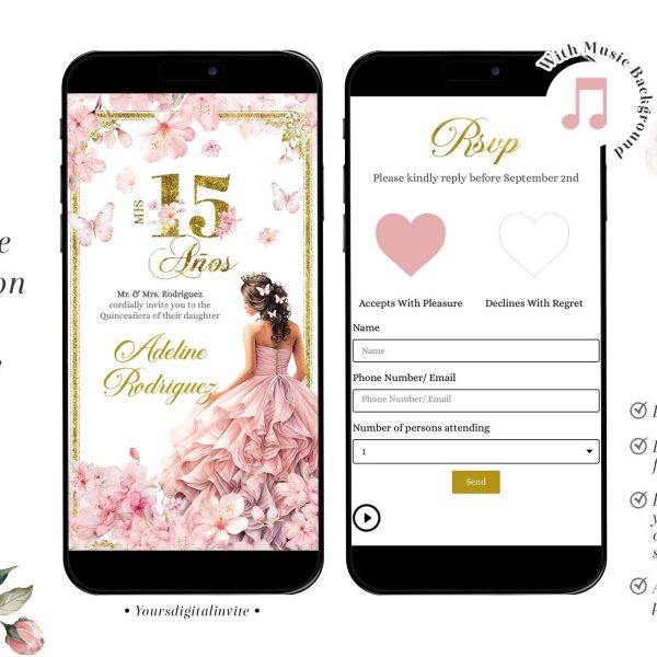 Pink Cherry Blossom Princess Quinceañera Invitation