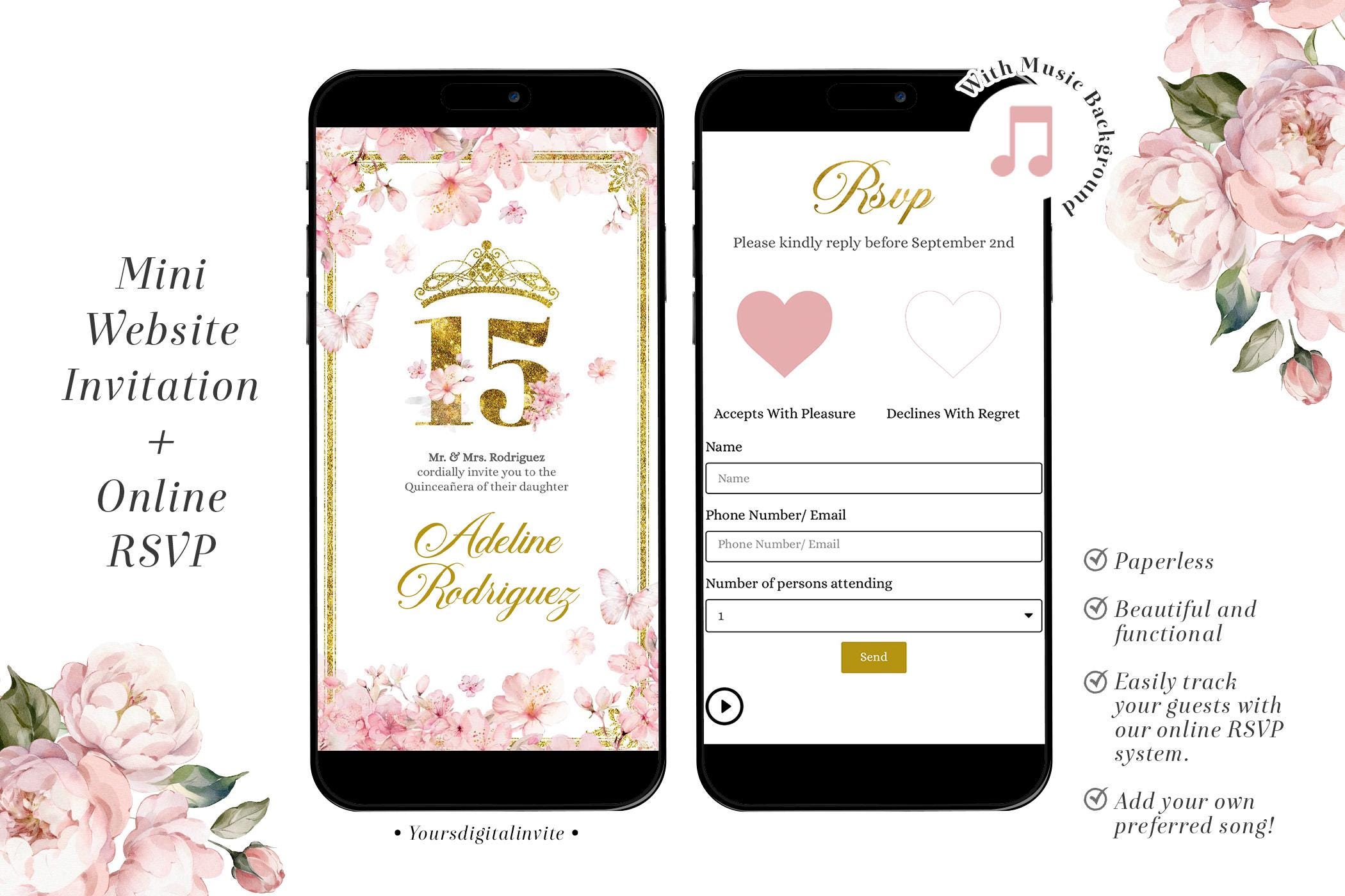 1 a8 pink Pink Cherry Blossom Princess Quinceañera Invitation