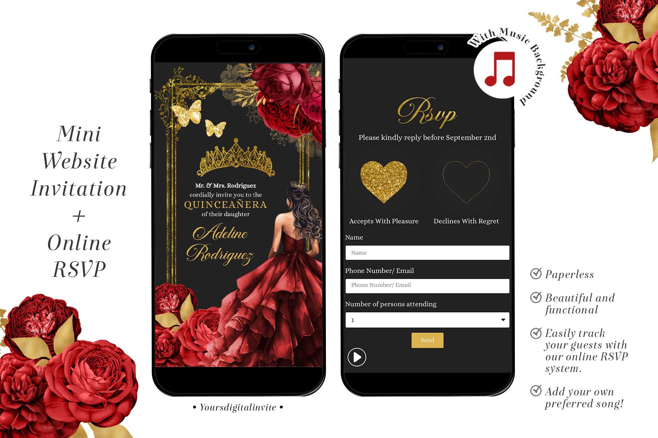 Elegant Red and Black Rose Princess Quinceañera Invitation