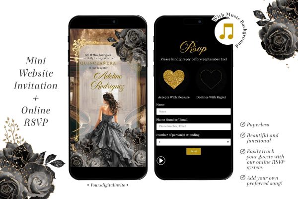 Royal Ballroom Gold and Black Rose Princess Quinceañera Invitation