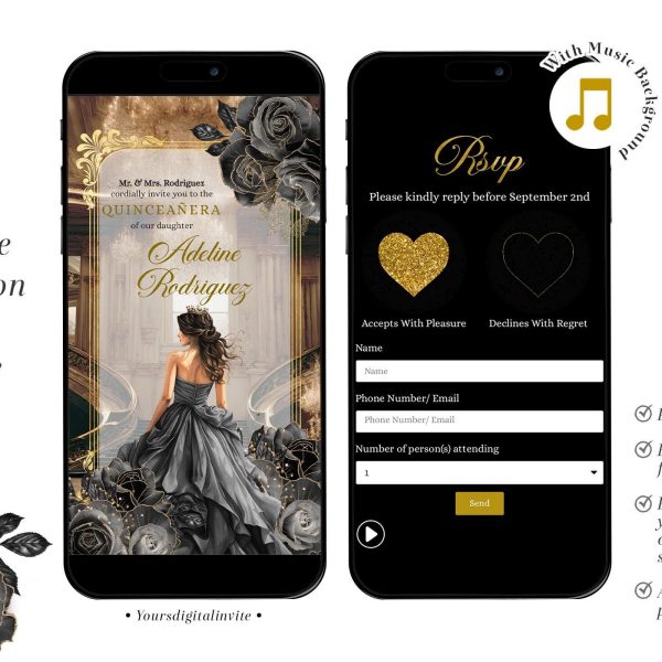 Royal Ballroom Gold and Black Rose Princess Quinceañera Invitation