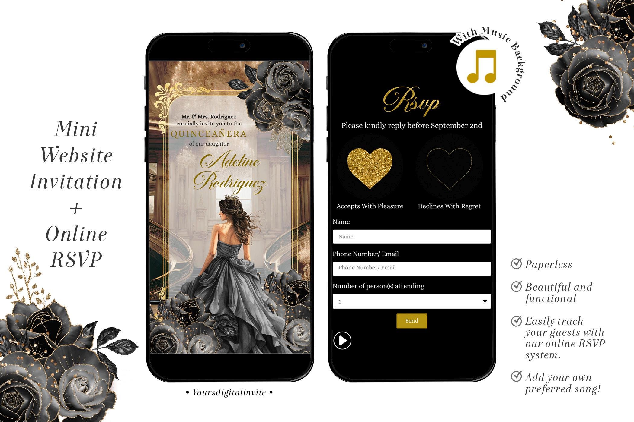 Royal Ballroom Gold and Black Rose Princess Quinceañera Invitation