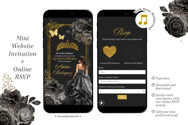 Royal Ballroom Gold and Black Rose Princess Quinceañera Invitation