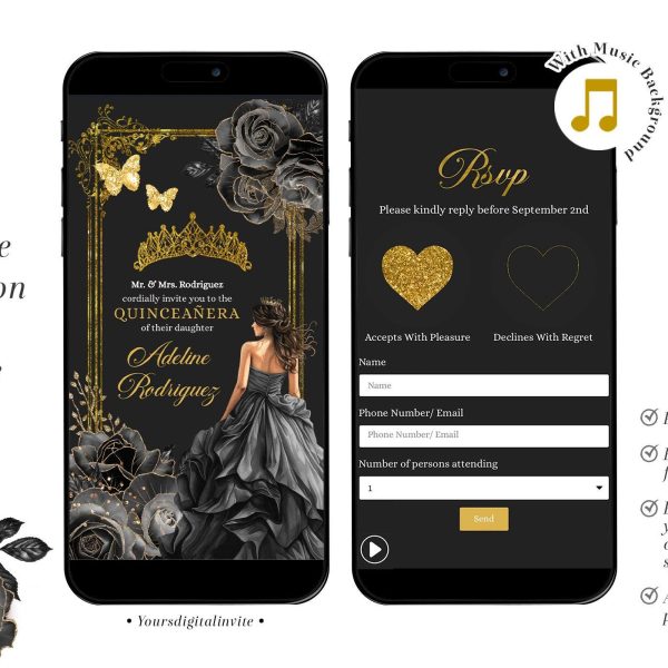 Royal Ballroom Gold and Black Rose Princess Quinceañera Invitation