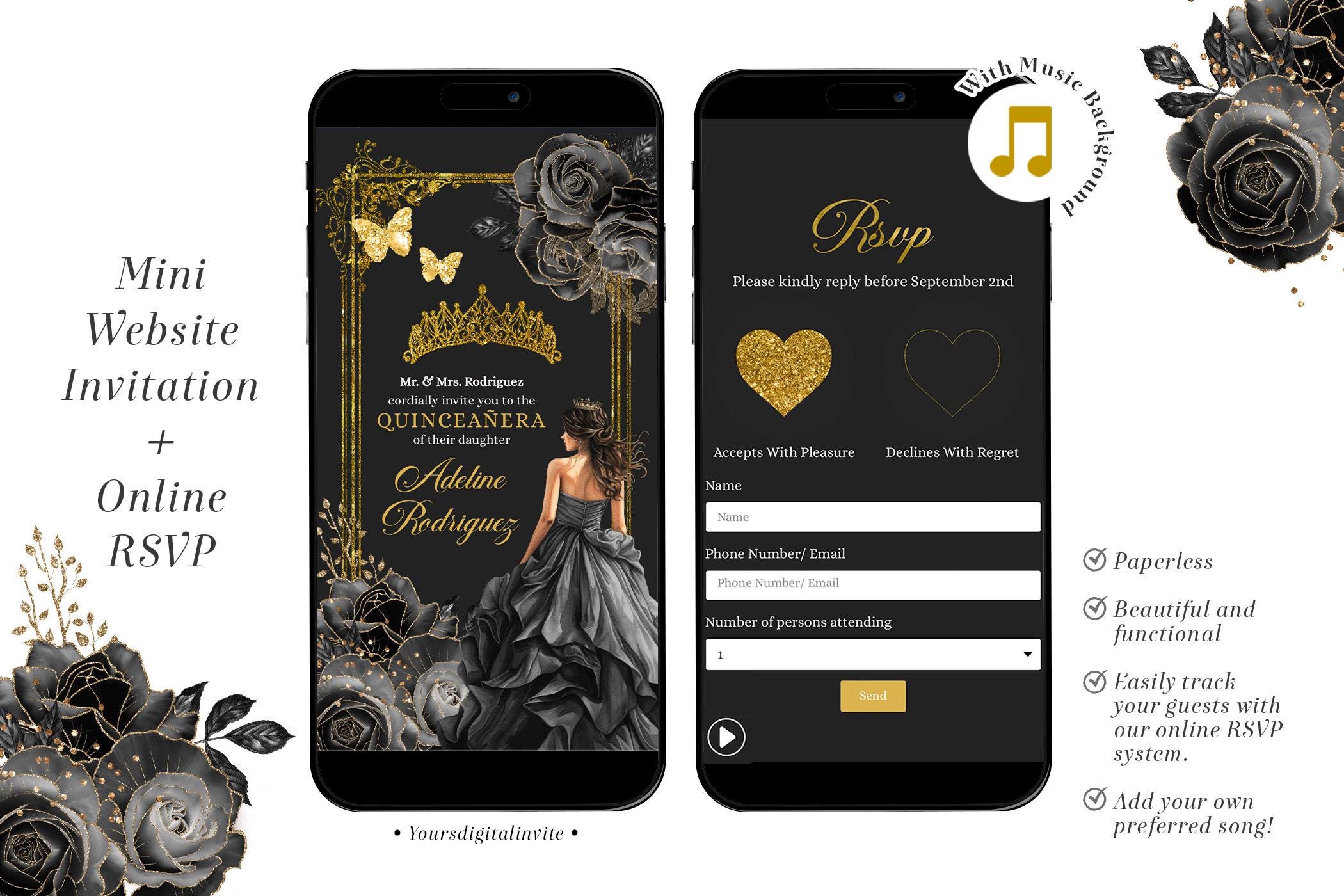 Royal Ballroom Gold and Black Rose Princess Quinceañera Invitation