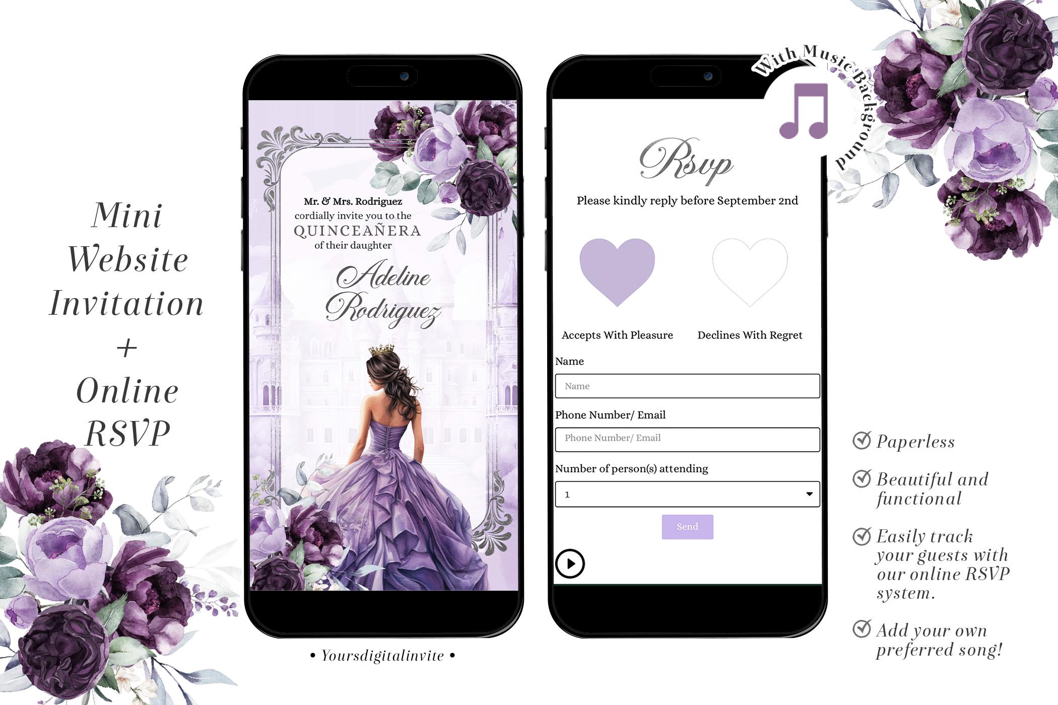 Q5 Fairytale Royal Castle Elegant Purple Quinceañera Invitation