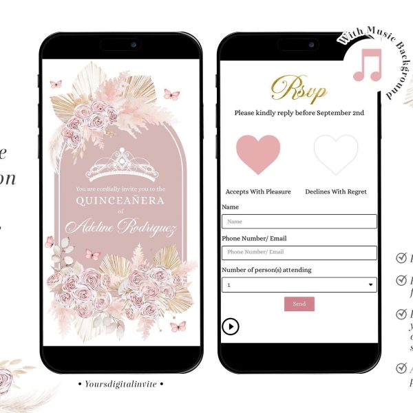 Q13p Pink Boho Crown Princess Quinceañera Invitation