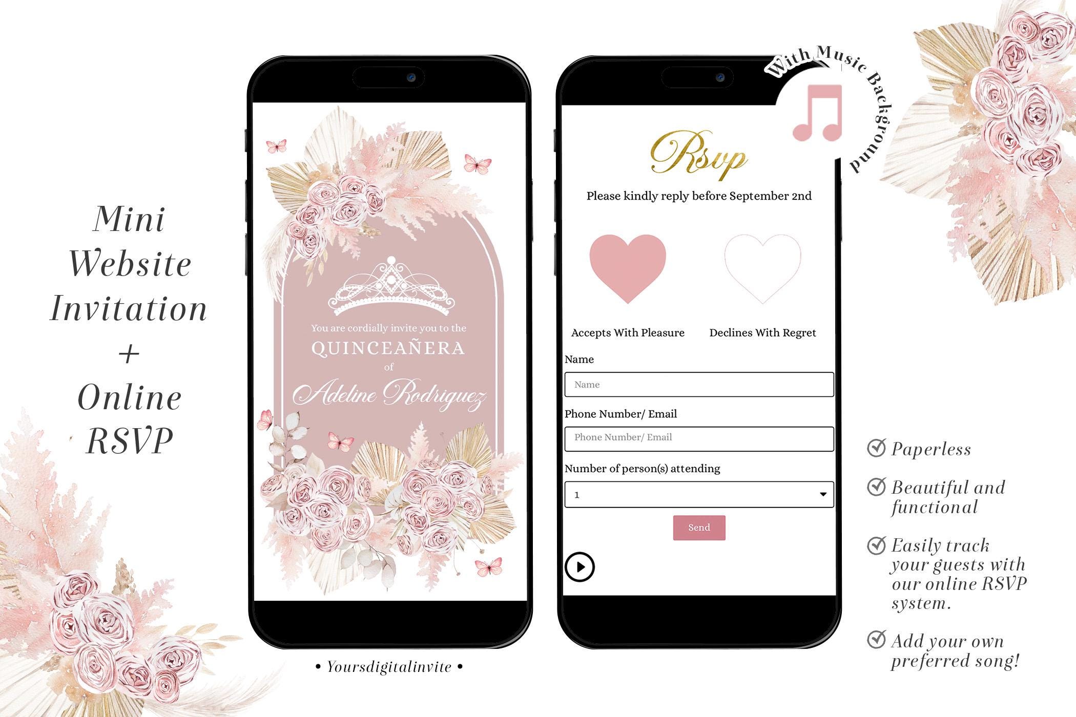 Q13p Pink Boho Crown Princess Quinceañera Invitation