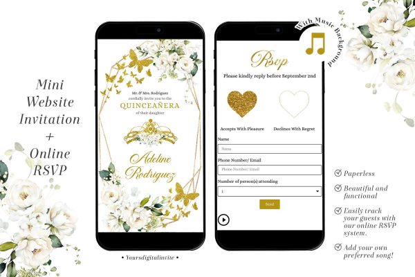 Ivory White Roses Butterfly Quinceañera Invitation