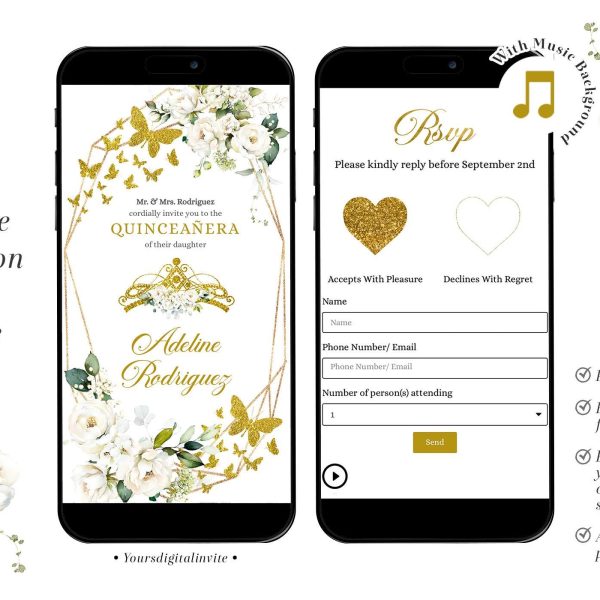 Ivory White Roses Butterfly Quinceañera Invitation