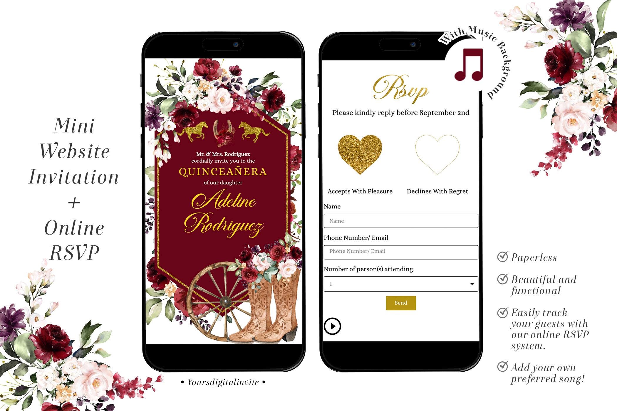 Q18 Gold and Red Burgundy Western Charra Quinceañera Invitation