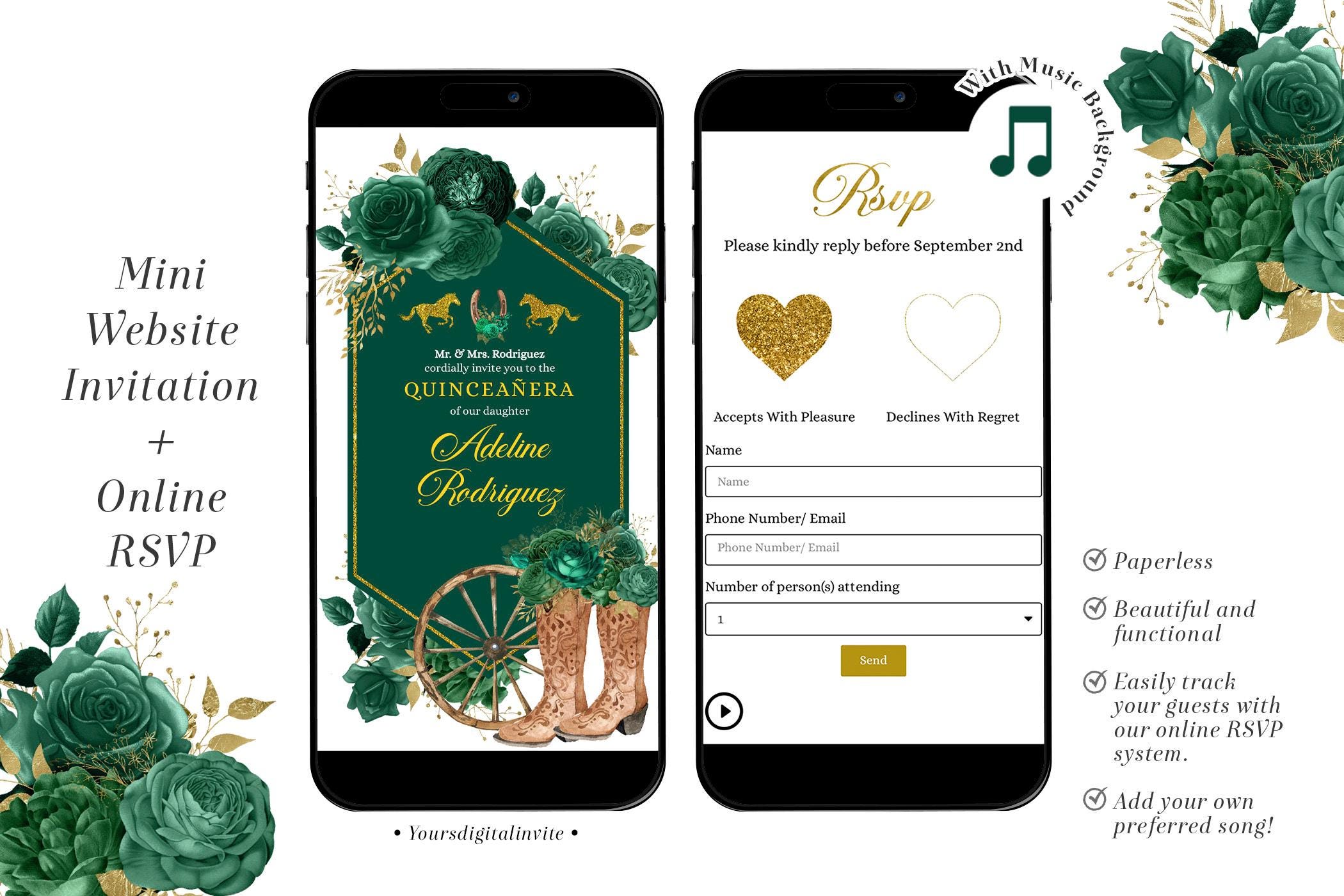 Gold and Emerald Green Western Charra Quinceañera Invitation