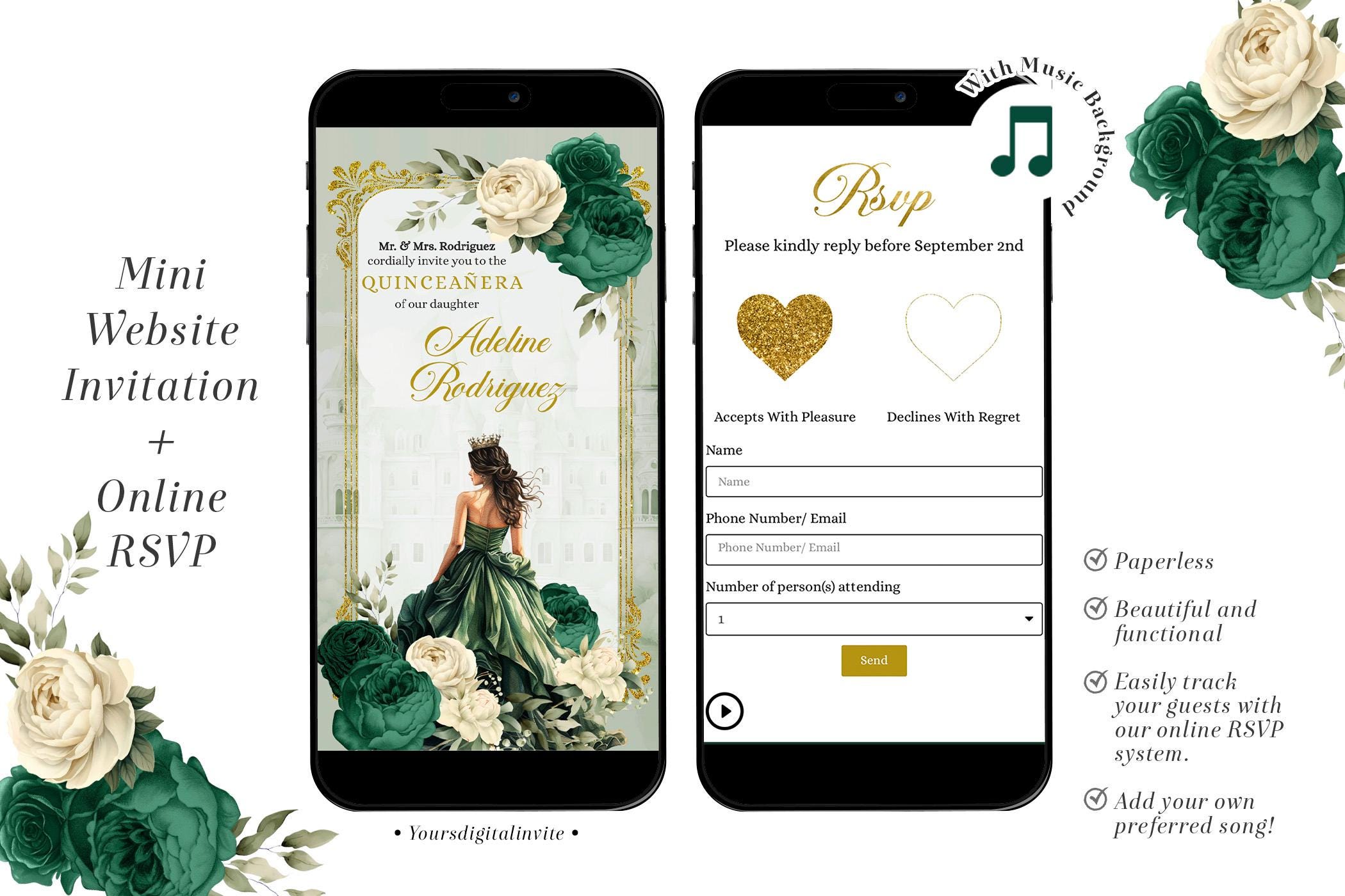 1 q3 emerald Gold and Emerald Green Castle Princess Miss Quince Anos Invitation