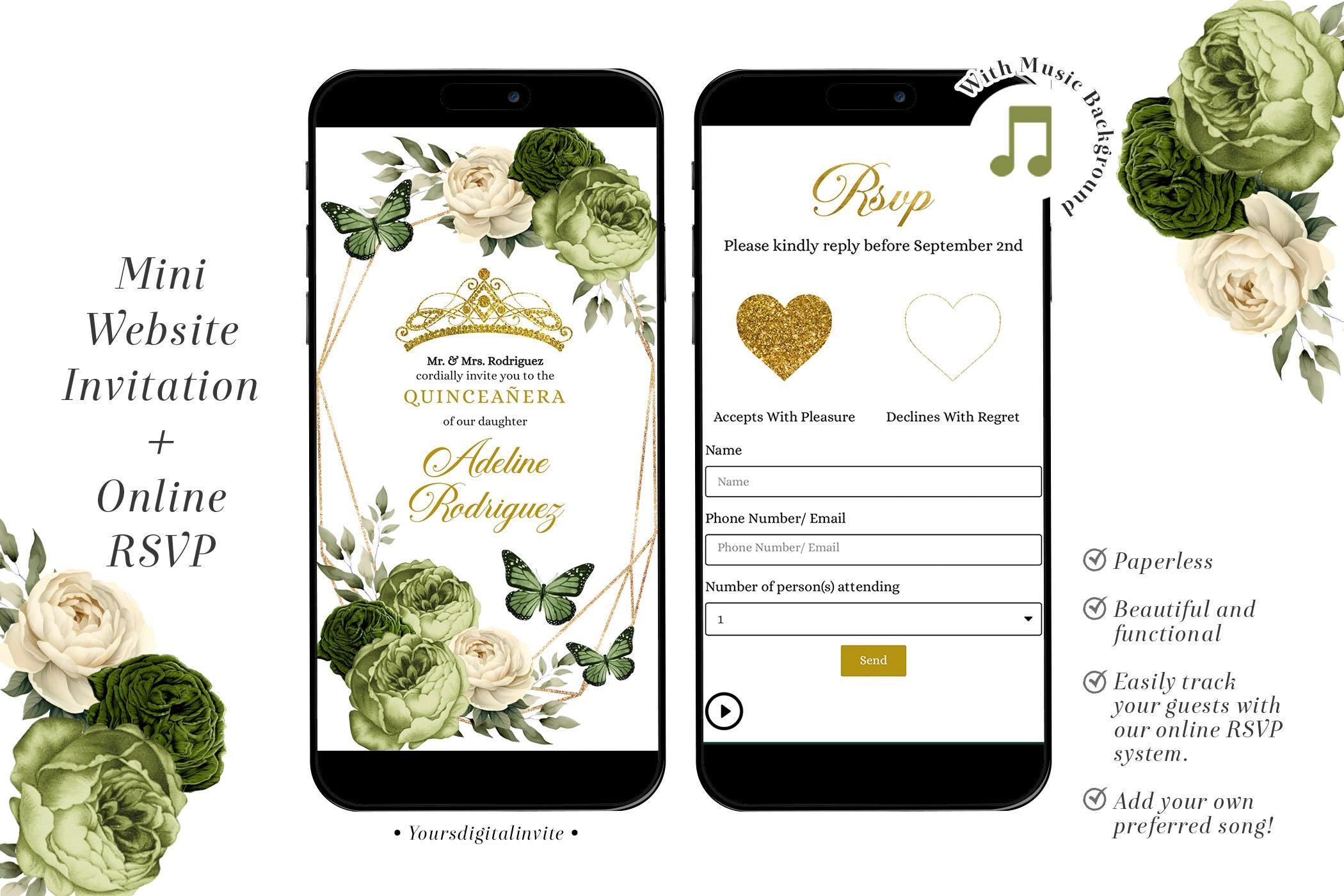 Q34 Butterfly Sage Green Quinceañera Invitation