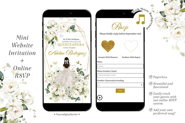 Q16 Digital Creamy White and Gold Floral Mis Quince Anos Mini Website