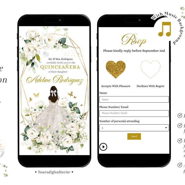 Q16 Digital Creamy White and Gold Floral Mis Quince Anos Mini Website