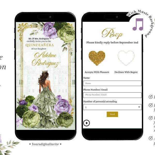 Q34 Elegant Royal Castle Purple Lilac and sage green Princess Quinceañera Invitation