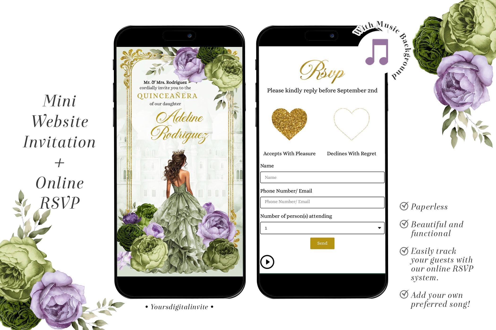 1 q34 lilac Q34 Elegant Royal Castle Purple Lilac and sage green Princess Quinceañera Invitation