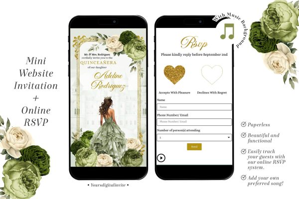 Q34 Elegant Royal Castle Gold Sage Green Princess Quinceañera Invitation