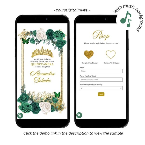 Gold Emerald Green Mexican Floral Quinceanera Invitation