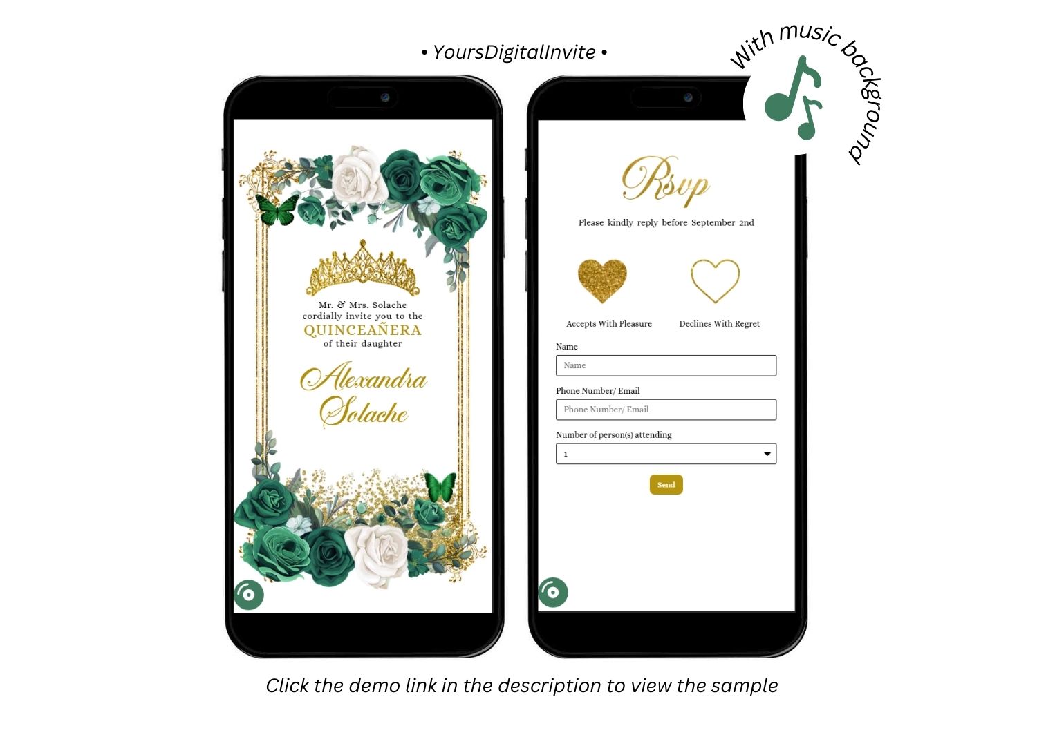Gold Emerald Green Mexican Floral Quinceanera Invitation